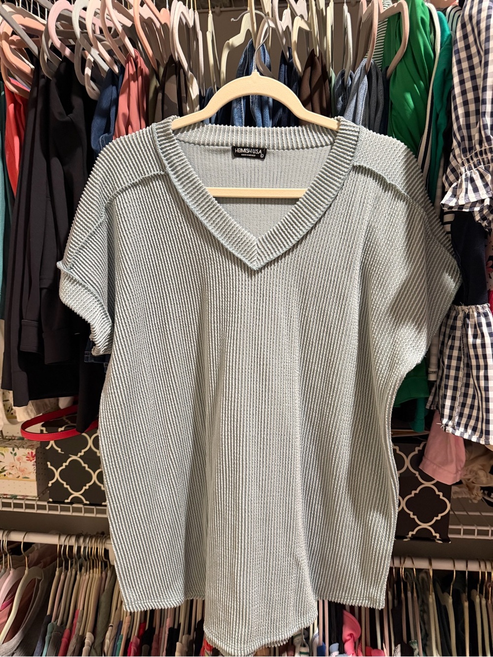 HEIMISH USA Mint Ribbed V‑Neck Short‑Sleeve Knit